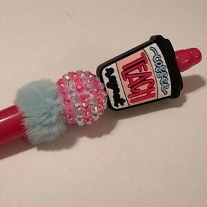 Pink and Blue Beaded Handmade Pen with Coffee Teach Repeat Design